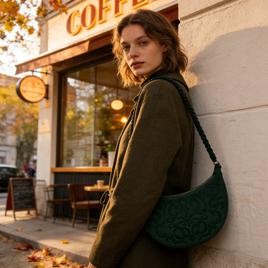 Dark Green Embroidered Braided Strap Underarm Bag