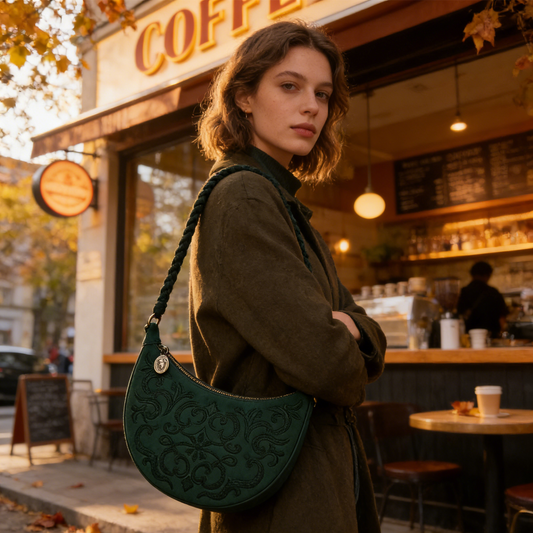 Dark Green Embroidered Braided Strap Underarm Bag